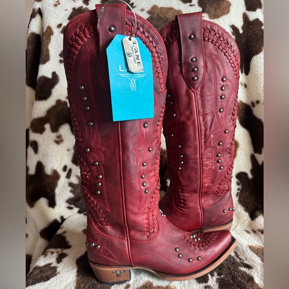 Lanes Shoes - Lane Cossette Red Leather Cowboy Boots with Studs